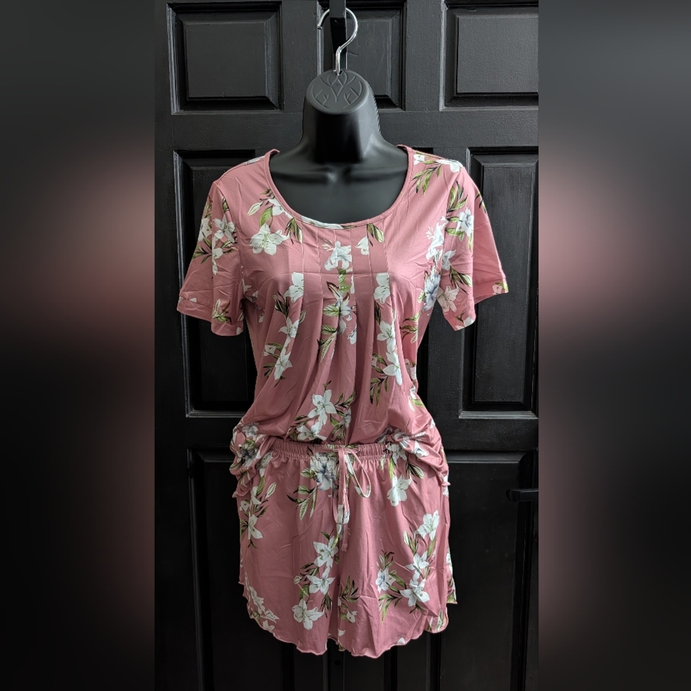 🆕 Women's Two Piece Pink With White Floral Print Summer Pajama Set